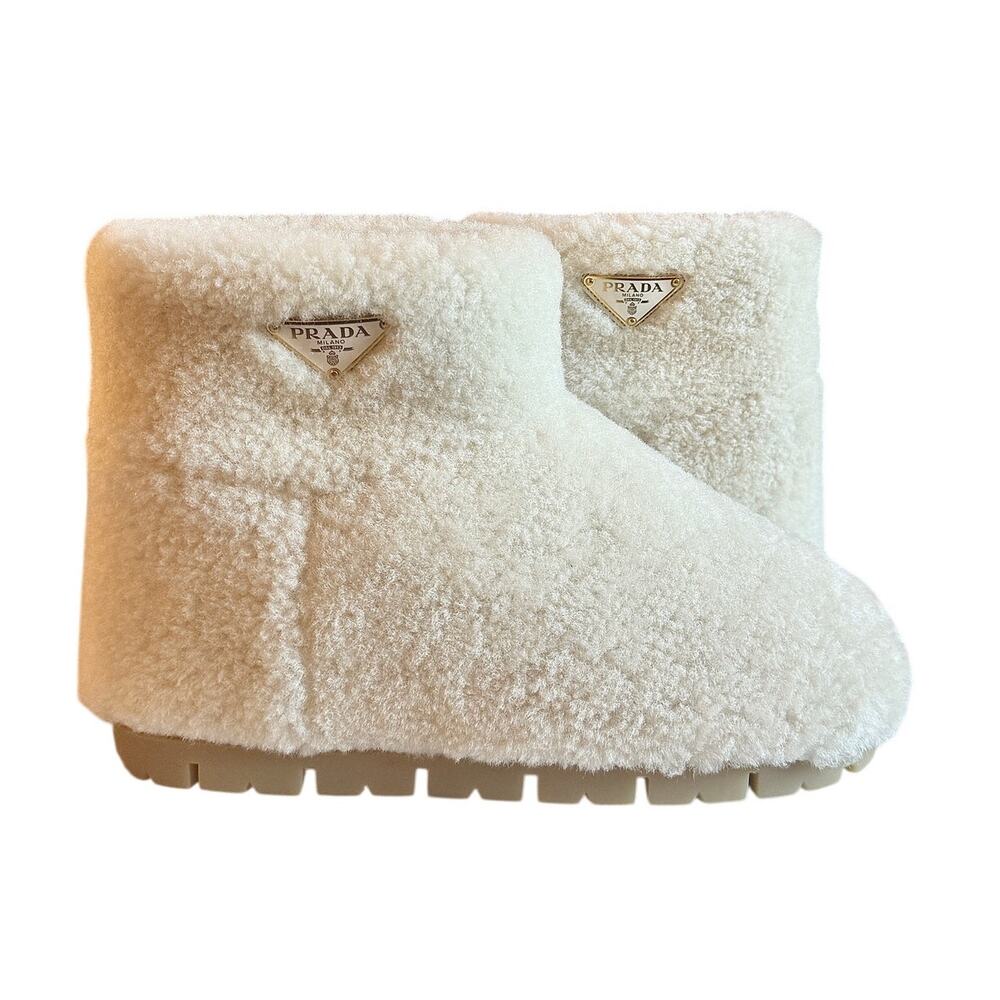 Prada NWB White Logo Shearling Ankle Boots